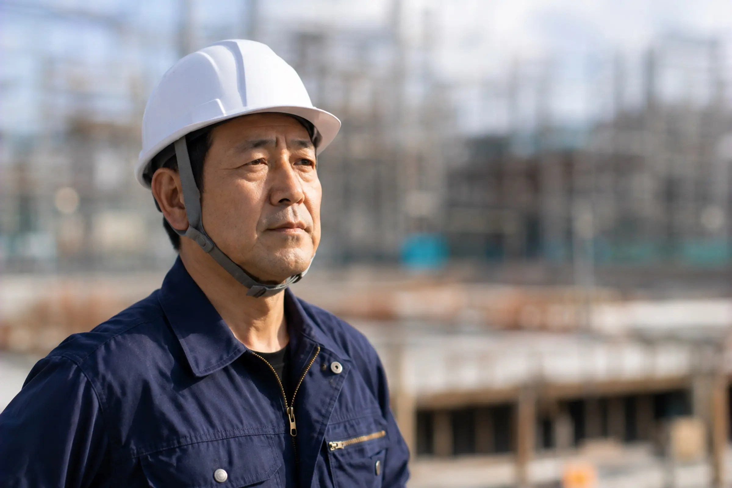 建設現場を背にヘルメット姿で前を見つめる職人
