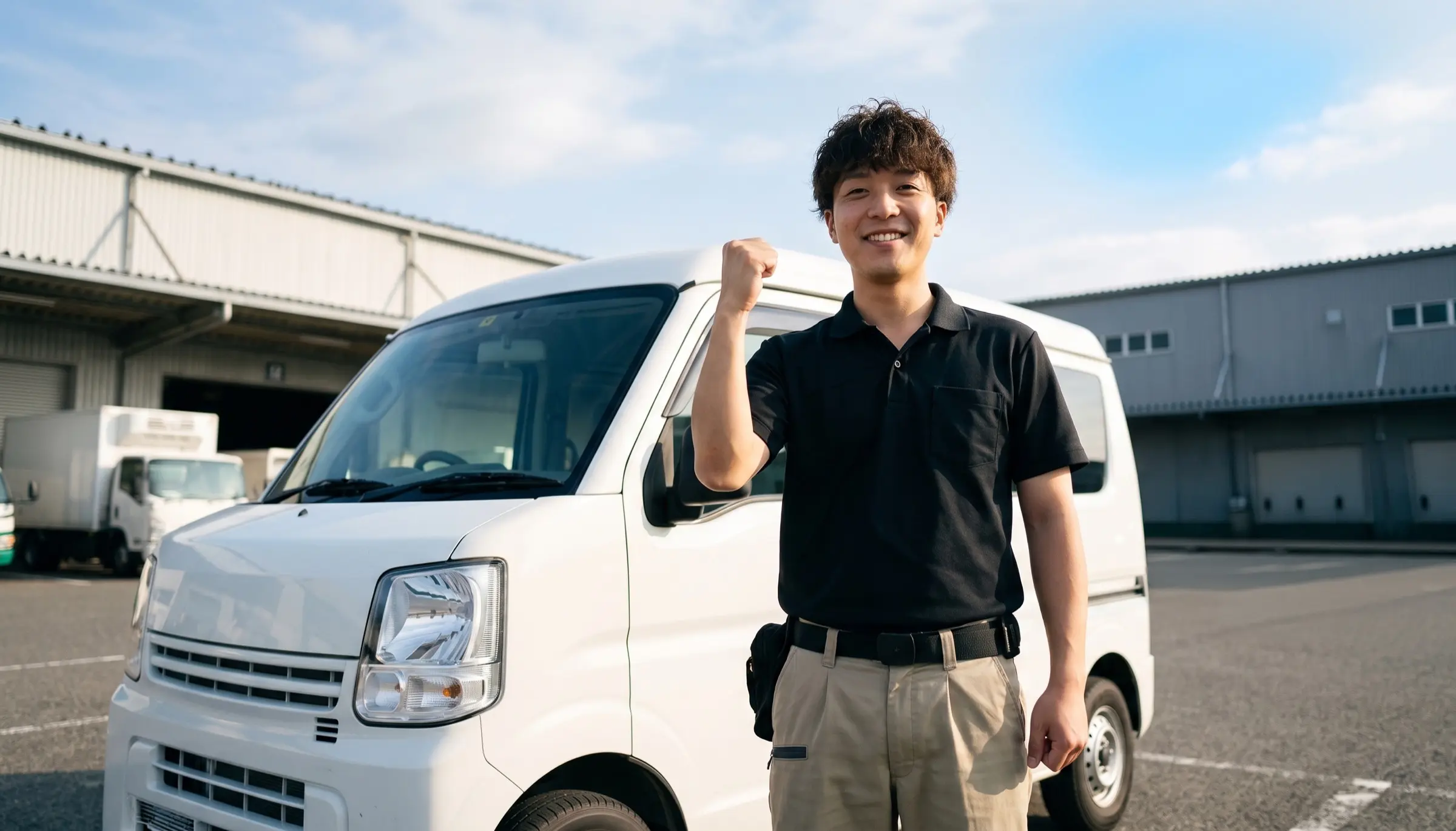 倉庫の前で軽バンの横に立ち、ガッツポーズをする軽貨物ドライバー